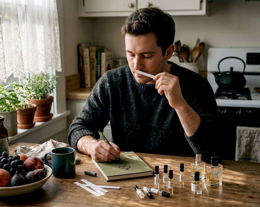 Person exploring perfume notes at kitchen table