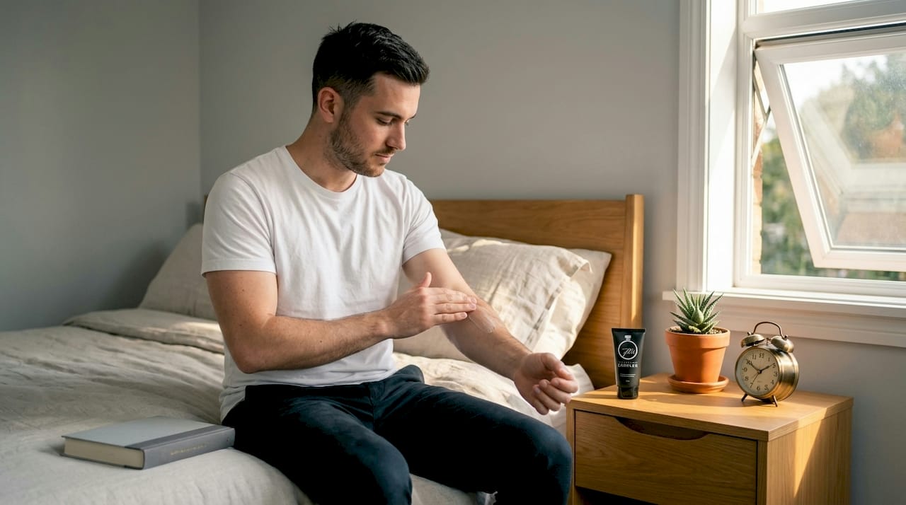 Man moisturising skin before fragrance routine