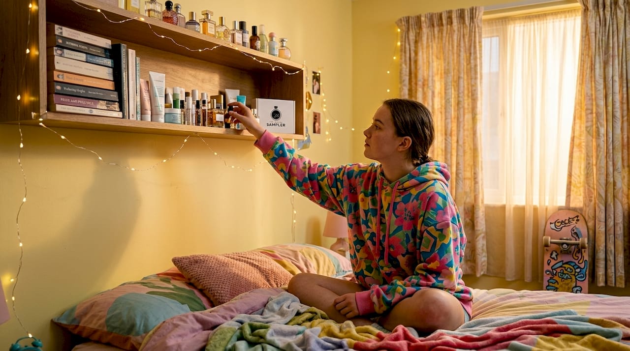 Teenager selecting scent from crowded shelf