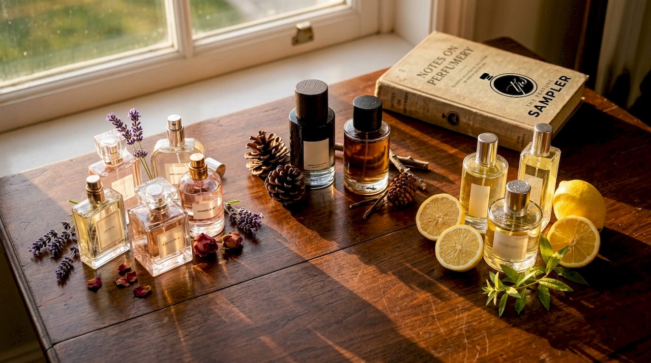 Perfume bottles arranged by fragrance families
