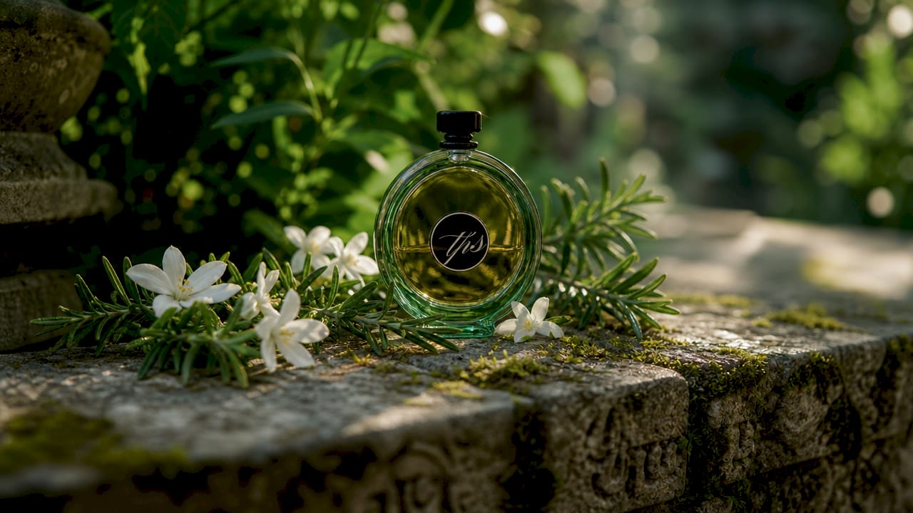 Close-up of perfume bottle with scent ingredients