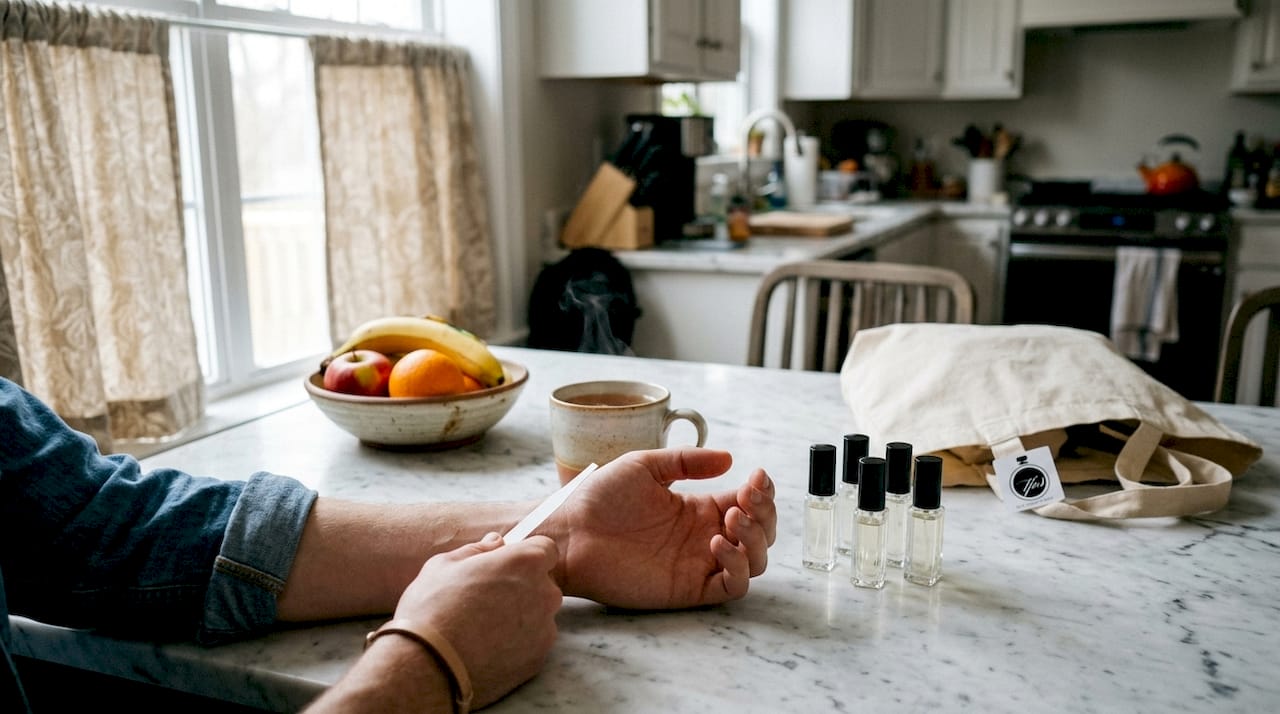 Close-up of wrist testing fragrance on skin