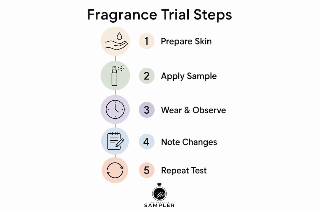 Infographic illustrating five steps of fragrance trial process