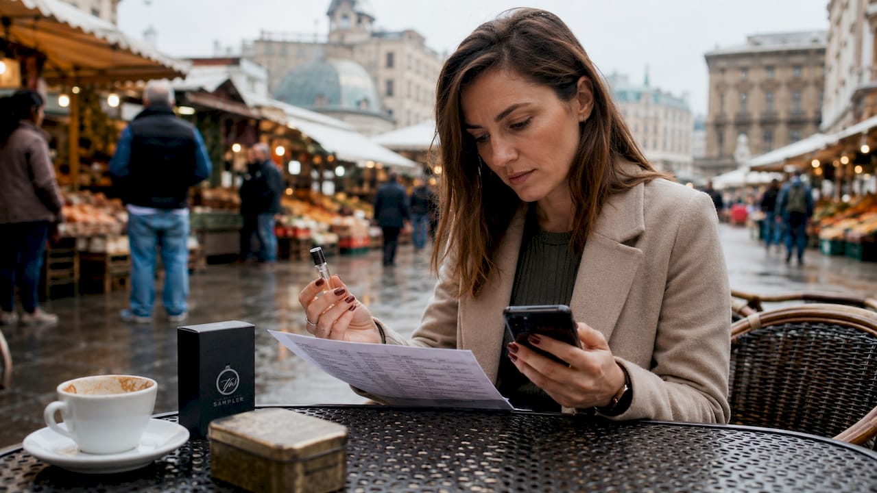 Woman comparing fragrance prices using sample and price list
