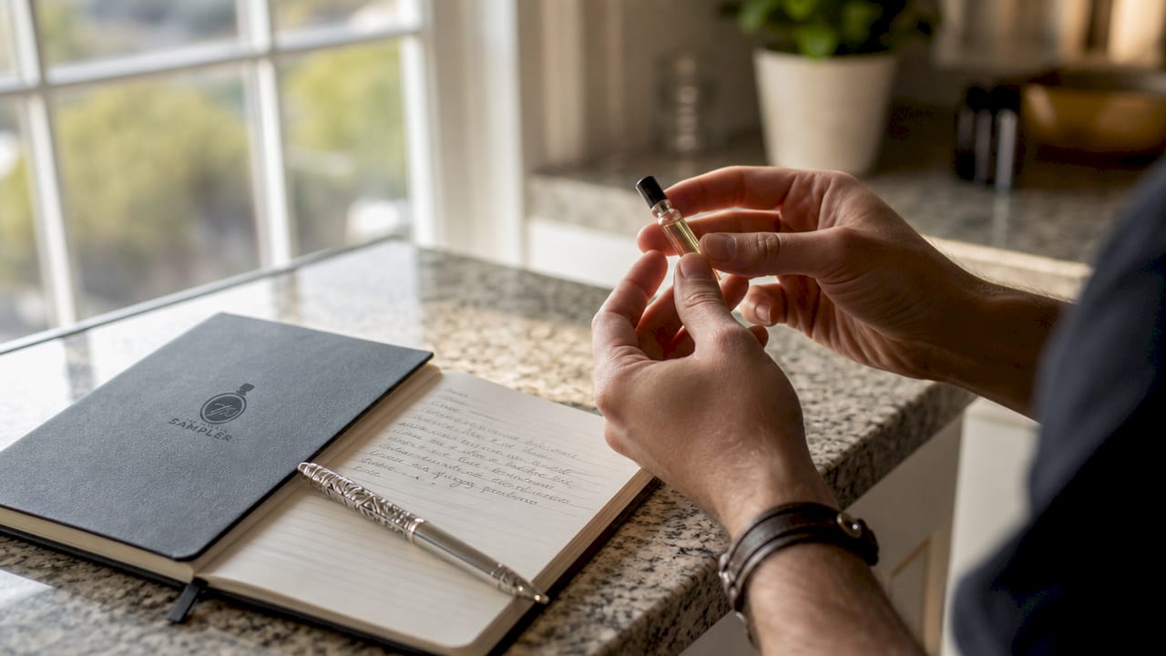 Hands holding perfume sample with notes nearby