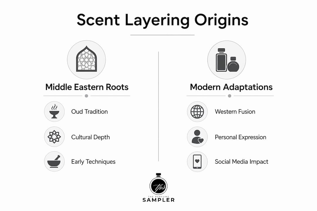 Infographic comparing scent layering origins and modern style