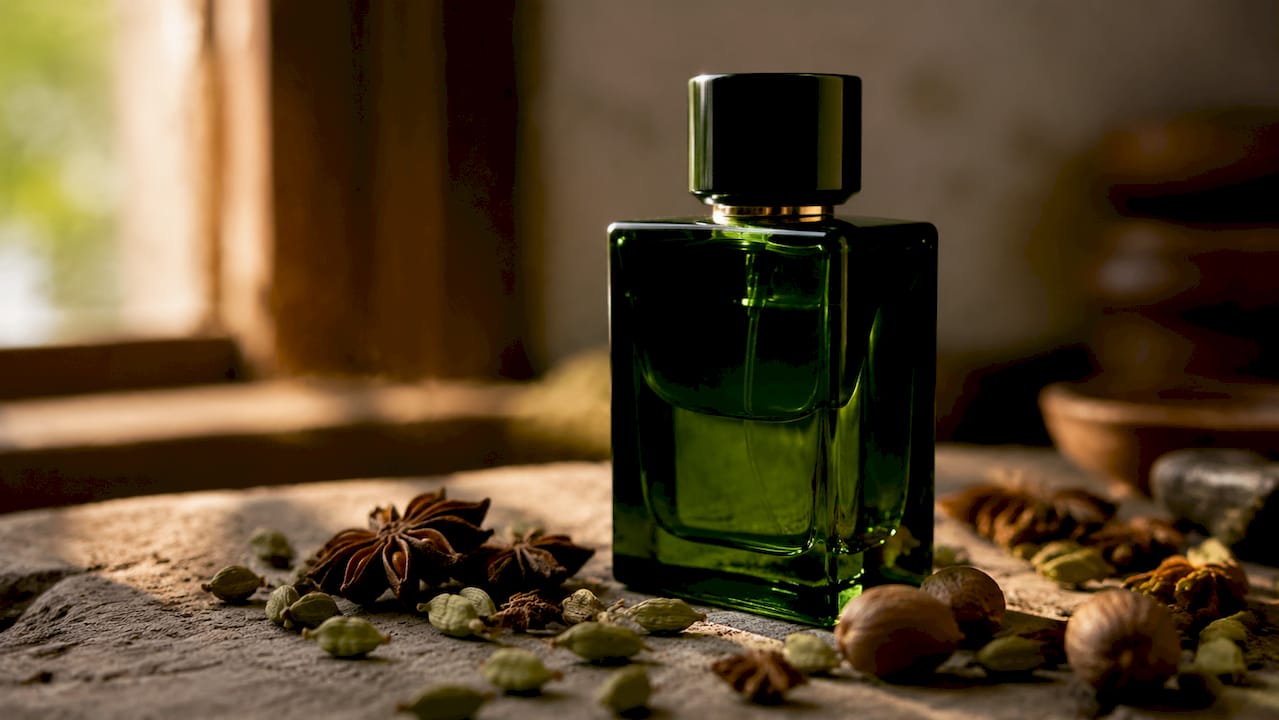 Close up of woody fragrance bottle with spices
