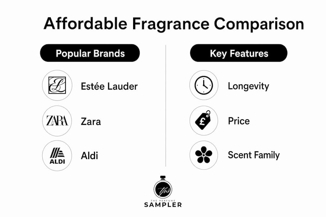Side-by-side infographic comparing budget fragrance brands and key features