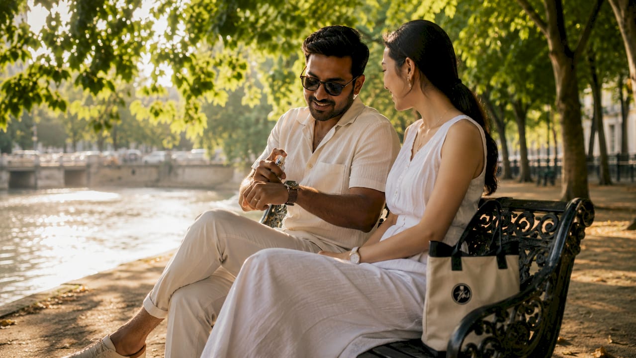 Two friends sharing fragrance in park