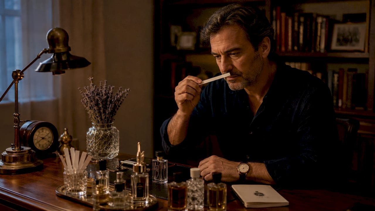 Man smelling perfume blotter during sampling process