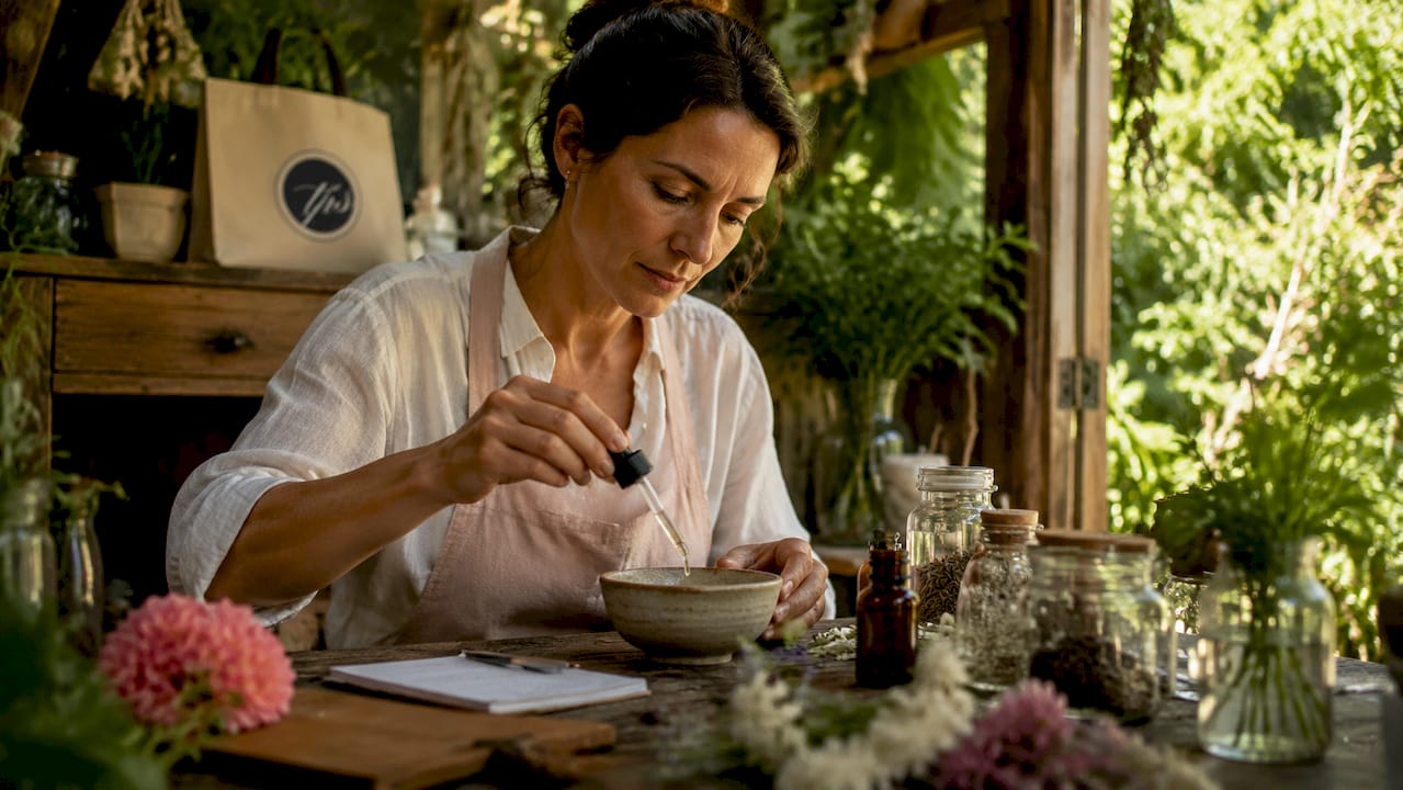 Perfumer pouring oils in artisanal lab