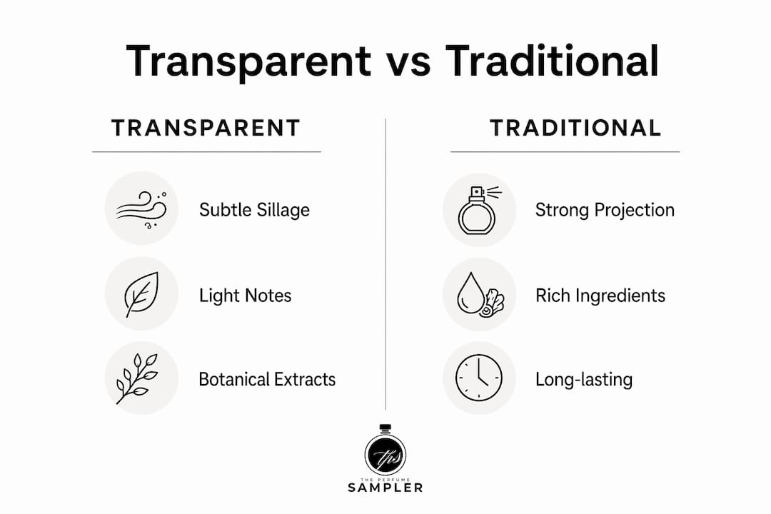 Infographic comparing transparent and traditional fragrances
