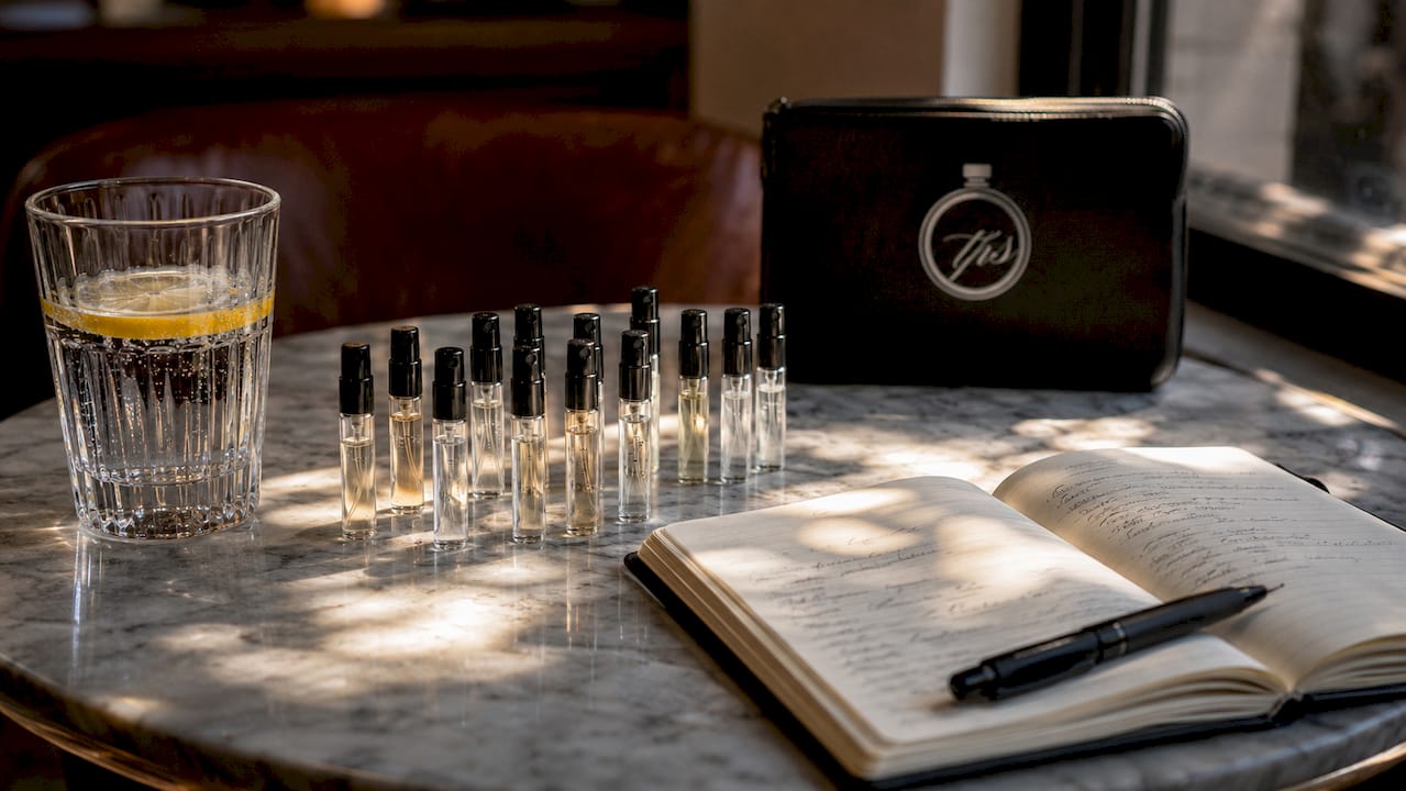 Desktop with fragrance samples and evaluation notes