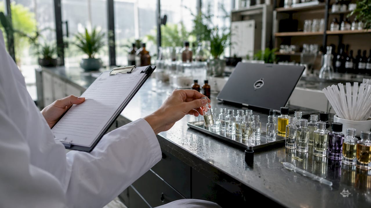 Hands scoring perfume originality on sheet with samples