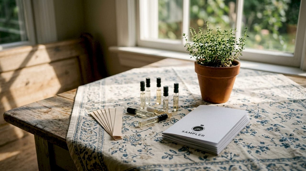 Overhead view of fragrance sampling tools on desk