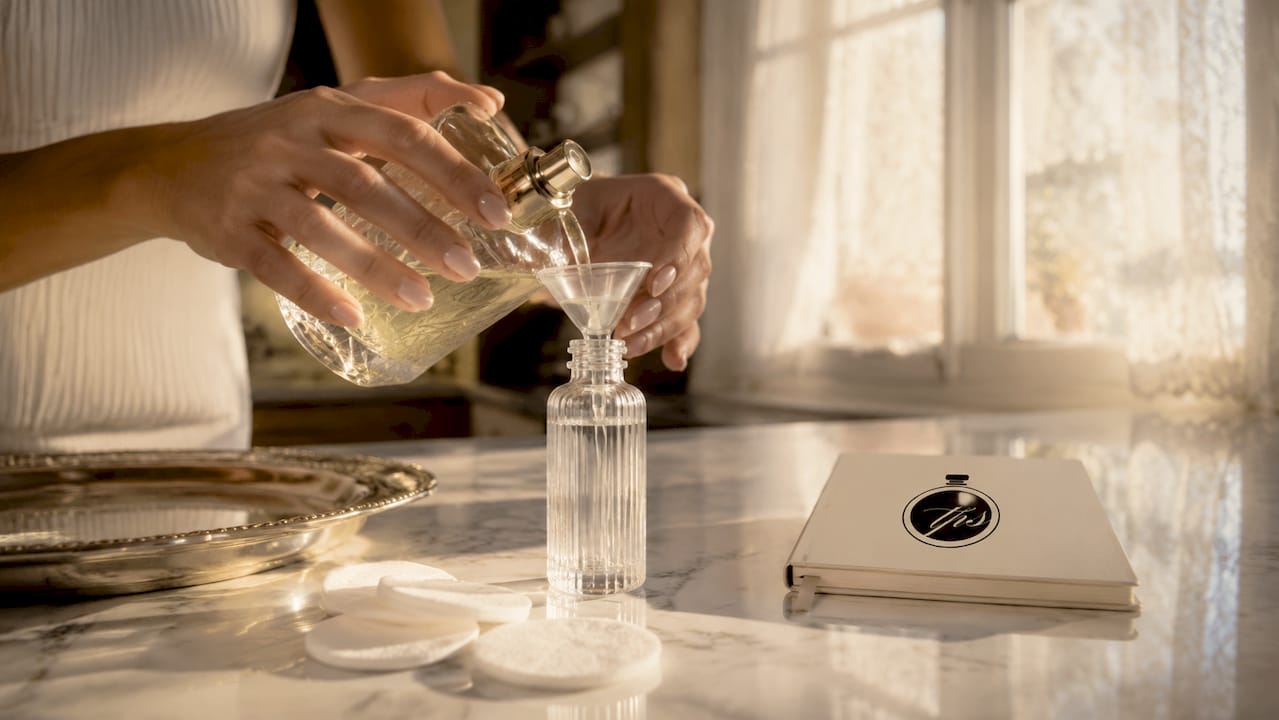 Pouring perfume through glass funnel carefully
