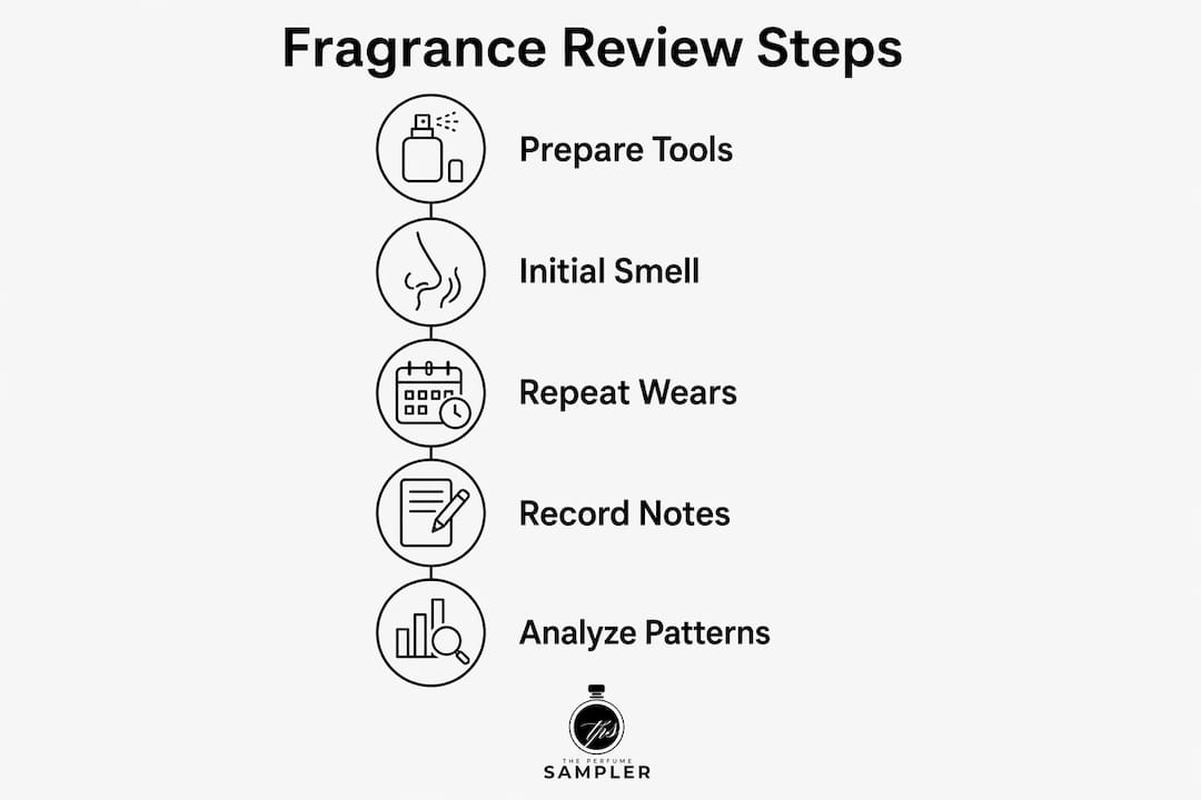 Infographic illustrating steps for fragrance reviews