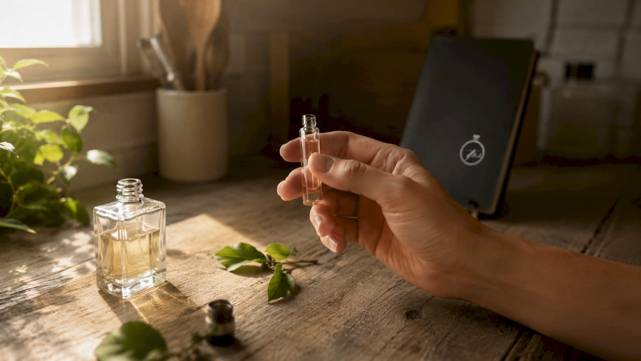Hand holding glass vial with perfume drops close-up