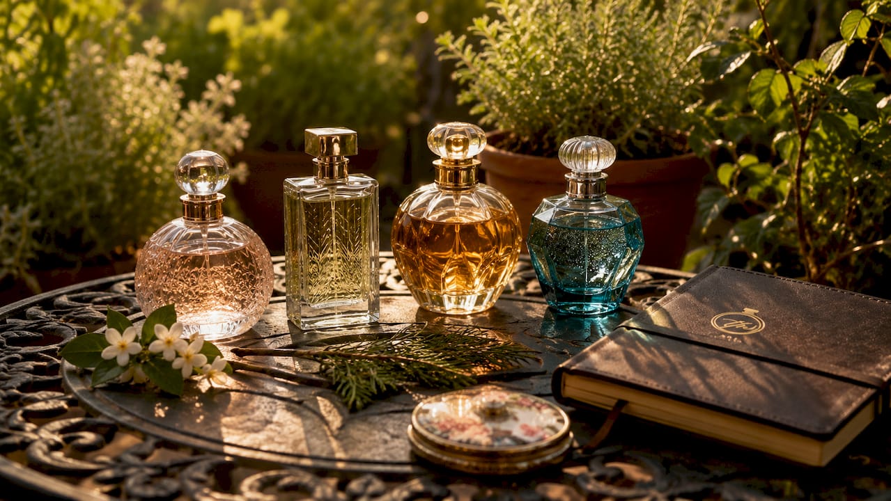 Perfume bottles representing fragrance families