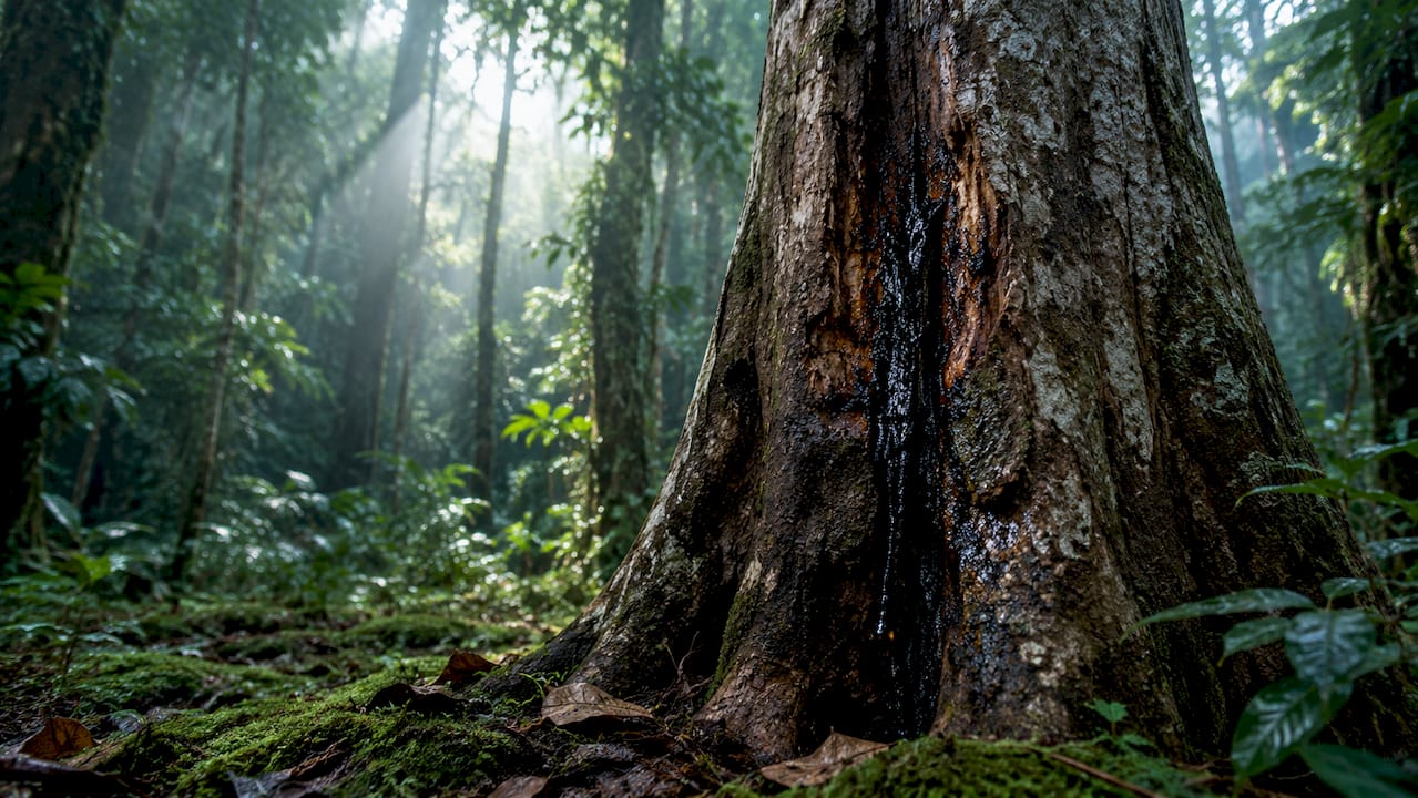 Infected Aquilaria tree producing oud resin close-up