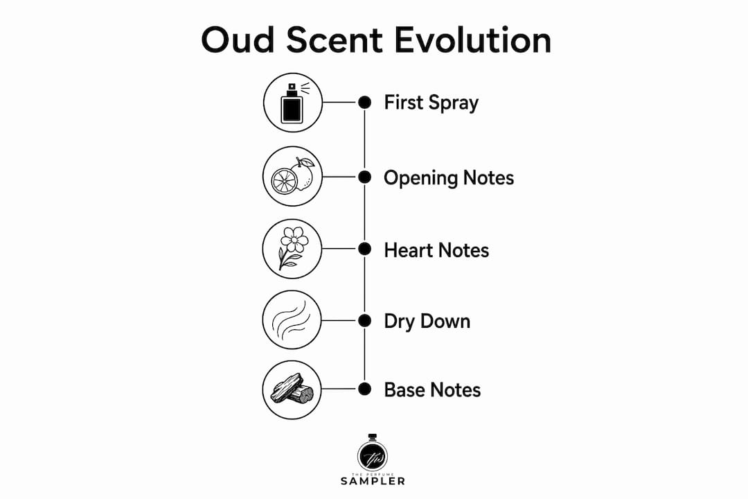 Infographic illustrating stages of oud fragrance scent profile