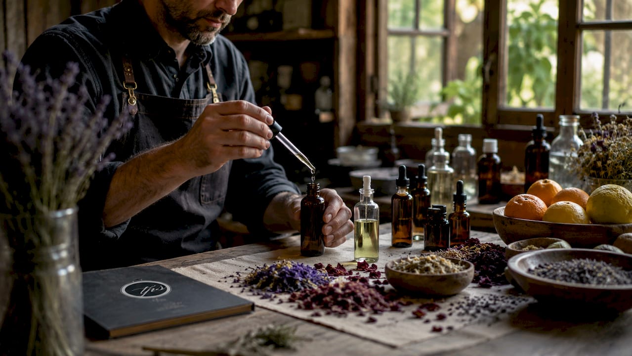 Perfumer mixing essential oils in studio