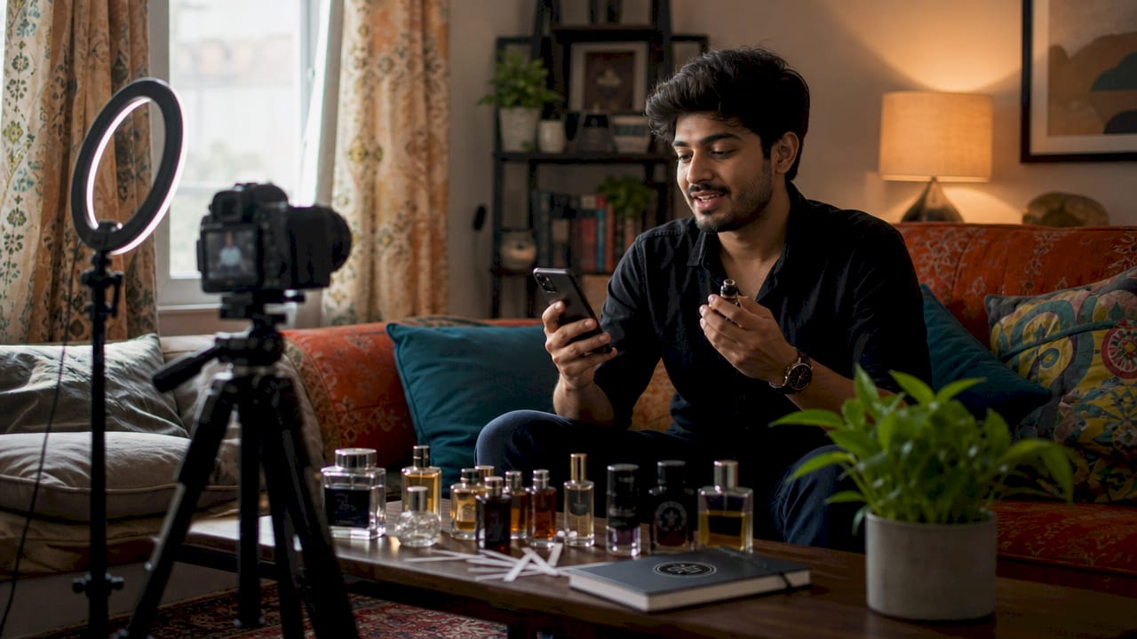 Man filming fragrance haul in home office