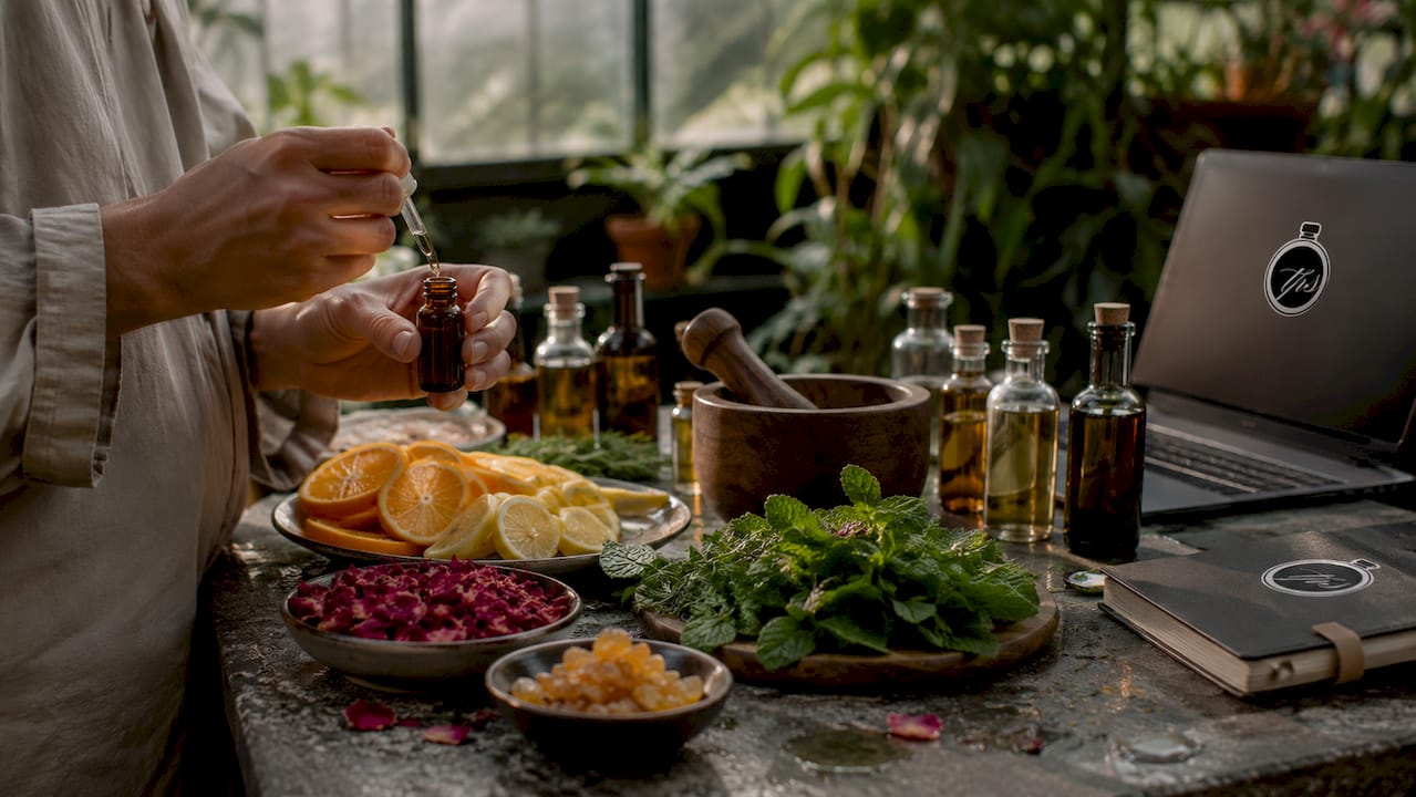 Hands arranging perfumery raw ingredients overhead