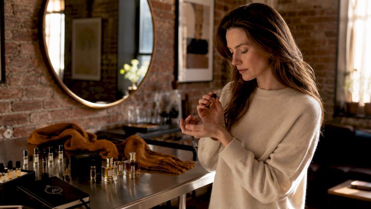 Woman testing Clive Christian amber perfume