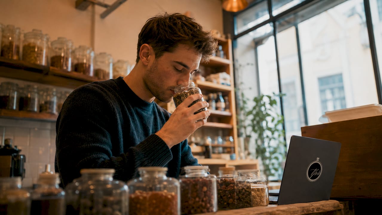 Man smelling spice jar in kitchen to train nose