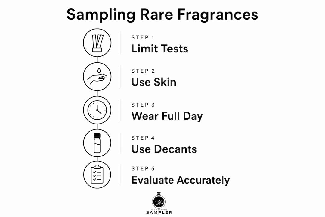 Infographic outlining steps for sampling rare fragrances
