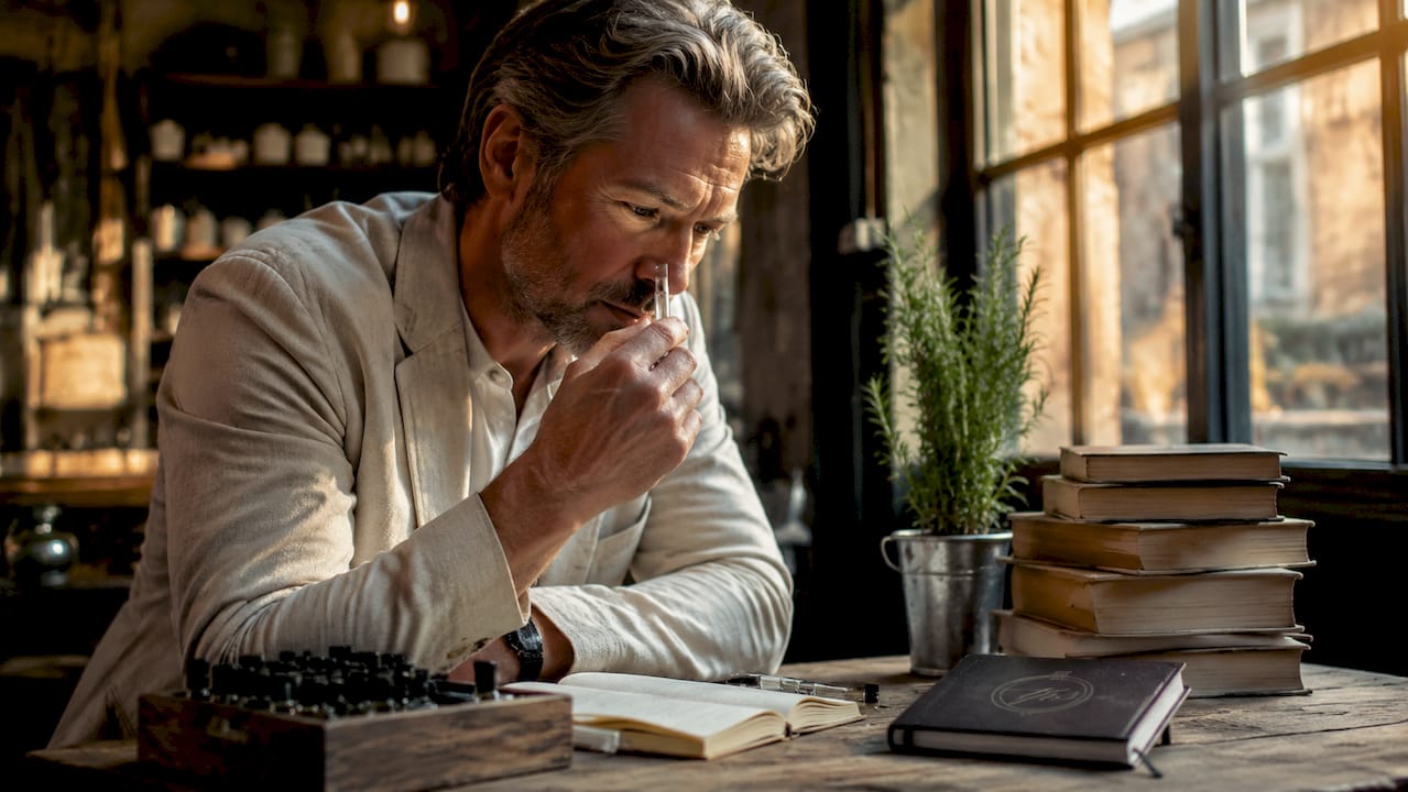 Man smelling fragrance tester vial thoughtfully