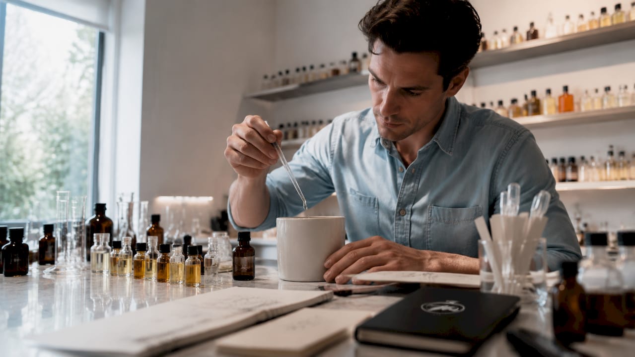 Artisan mixing perfume ingredients in workshop
