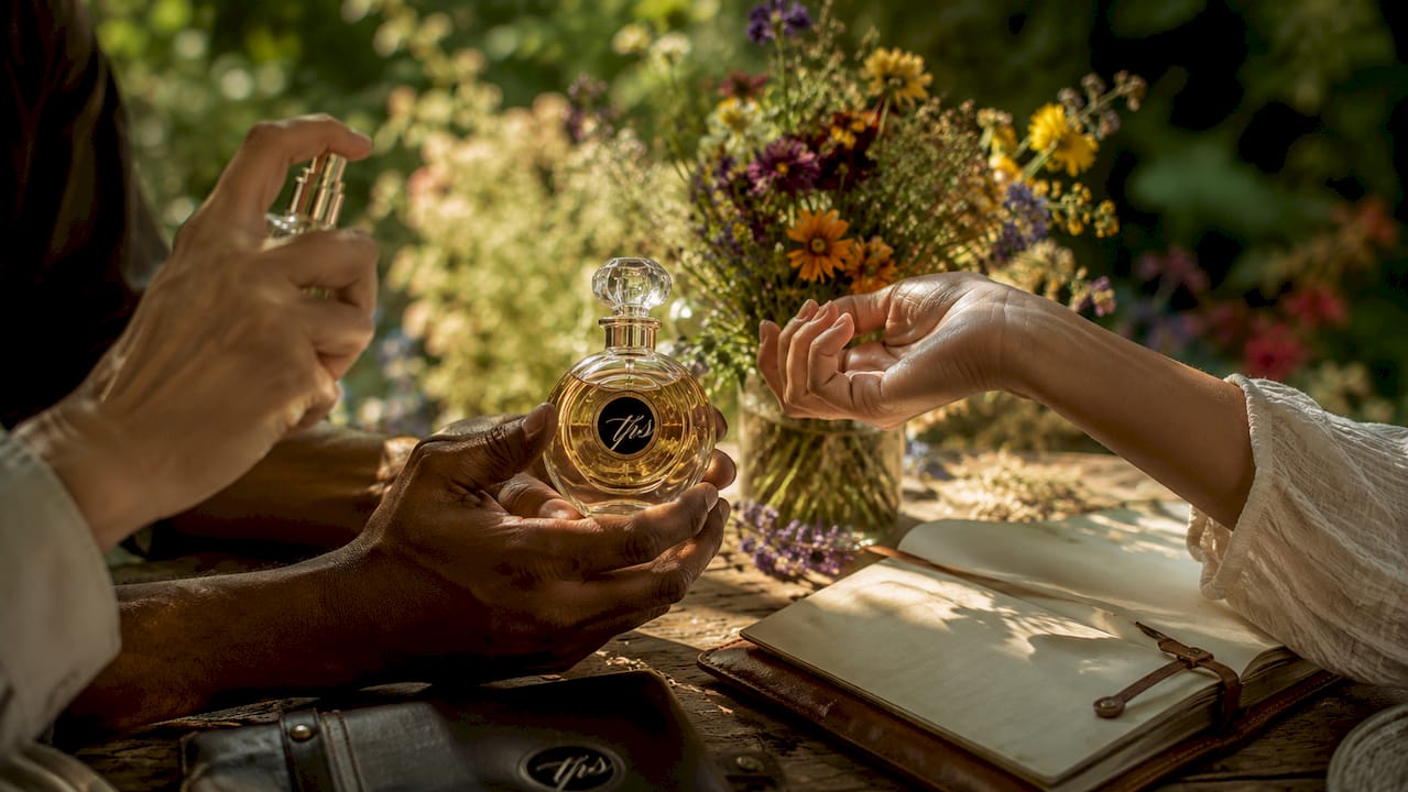 Hands spraying perfume and holding vintage bottle
