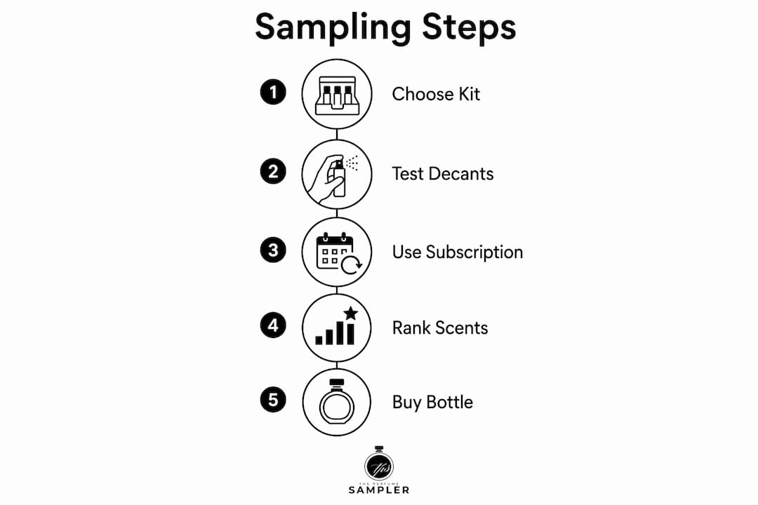 Infographic illustrating steps to sample fragrances affordably