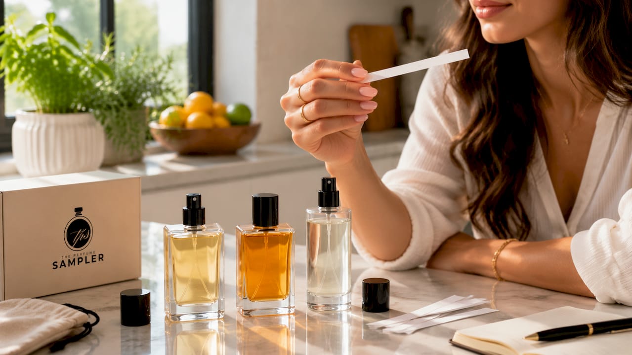 Hand holding testing strip near fragrance bottles