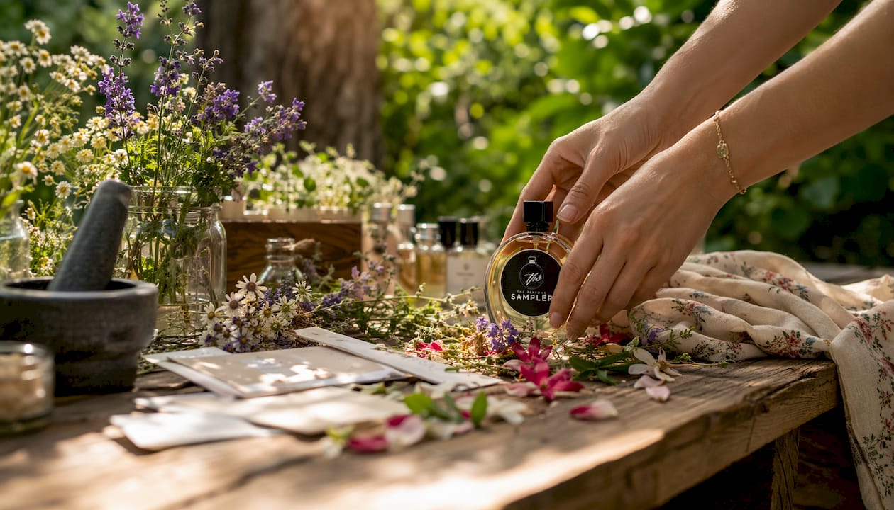 Hands holding perfume with scent samples