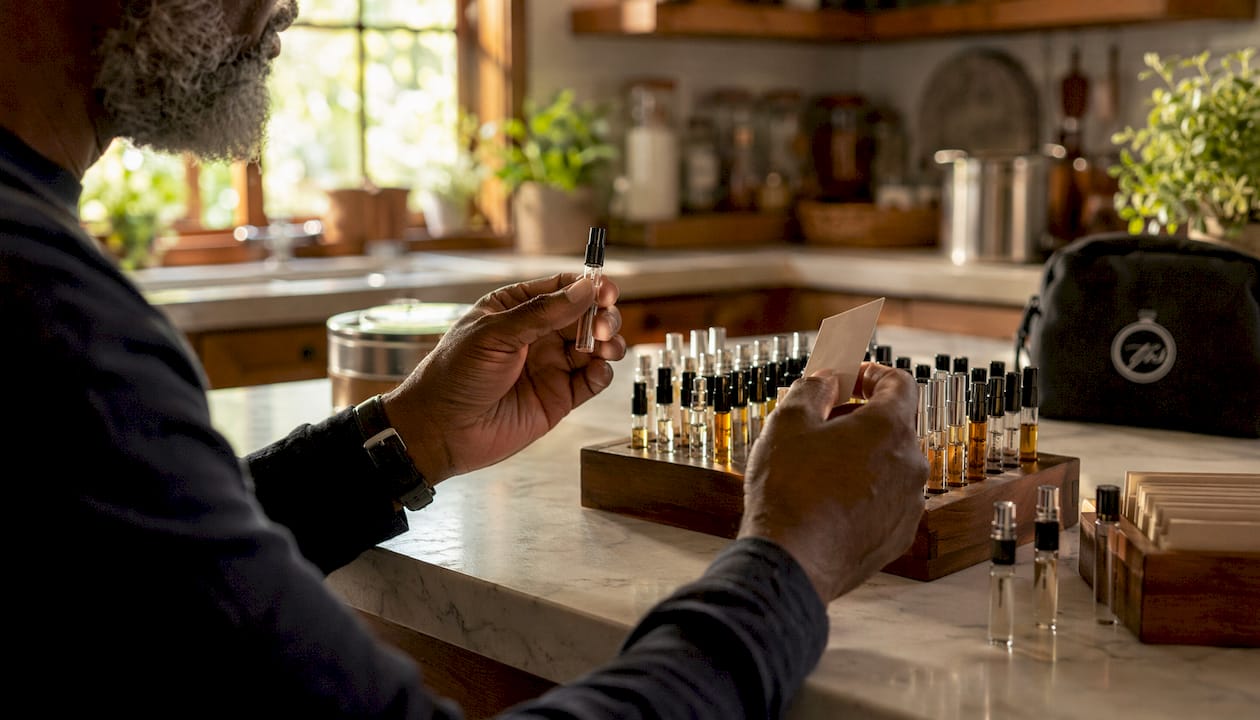 Hands sorting fragrance samples and cards
