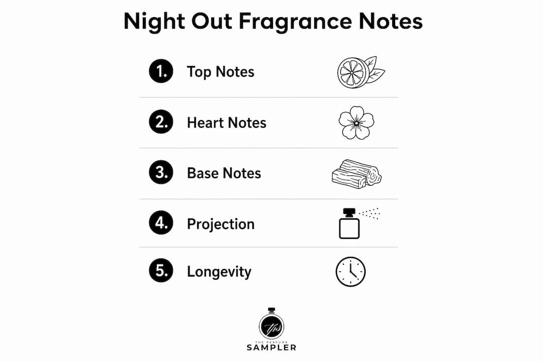 Infographic showing key notes and characteristics of night out fragrances