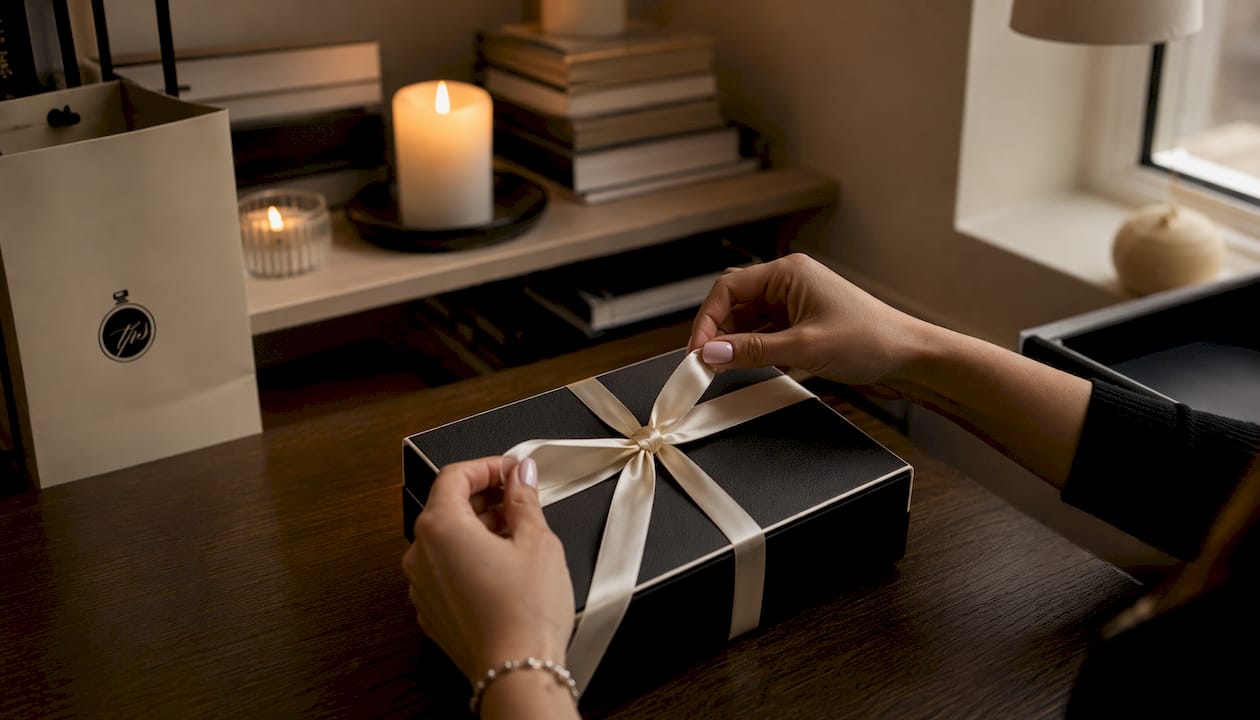 Close-up of hands tying perfume gift box