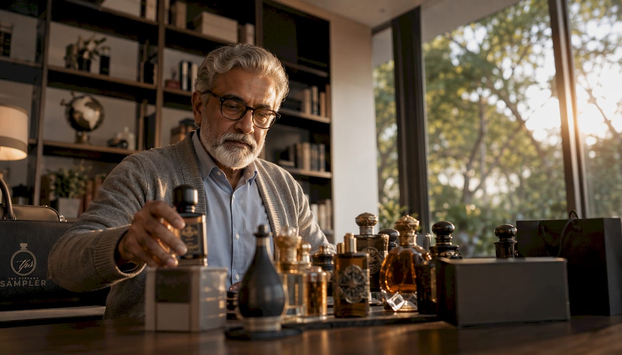 Collector arranging rare oud fragrance bottles on shelf