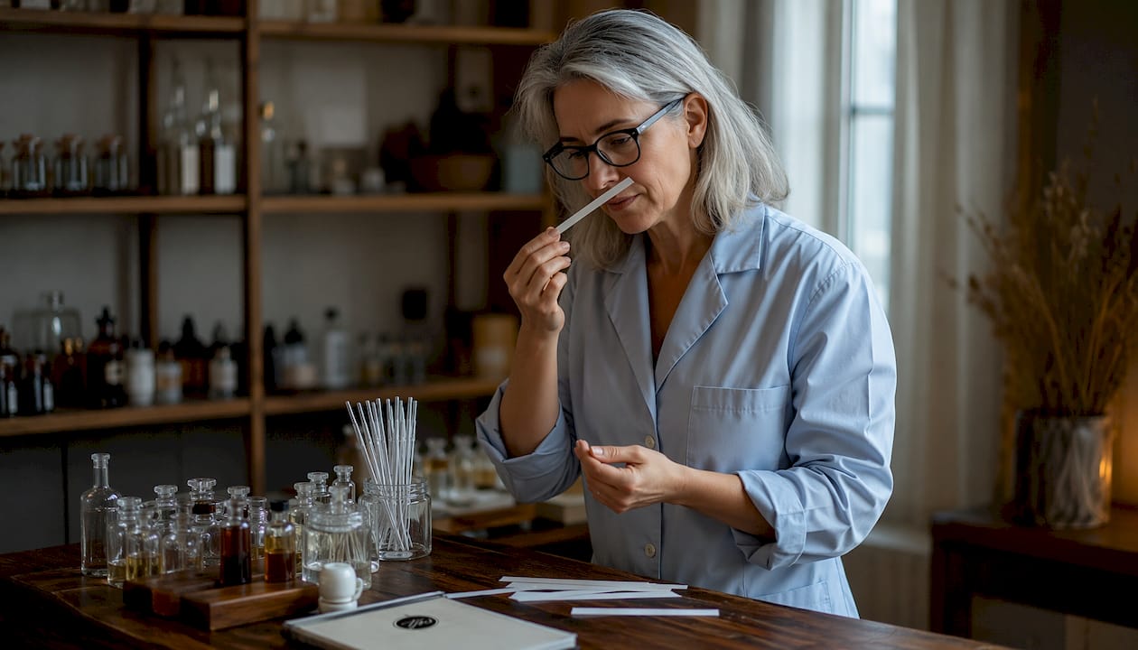 Perfume expert evaluating oud scent strip