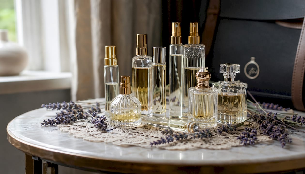 Close-up of assorted fragrance decant bottles