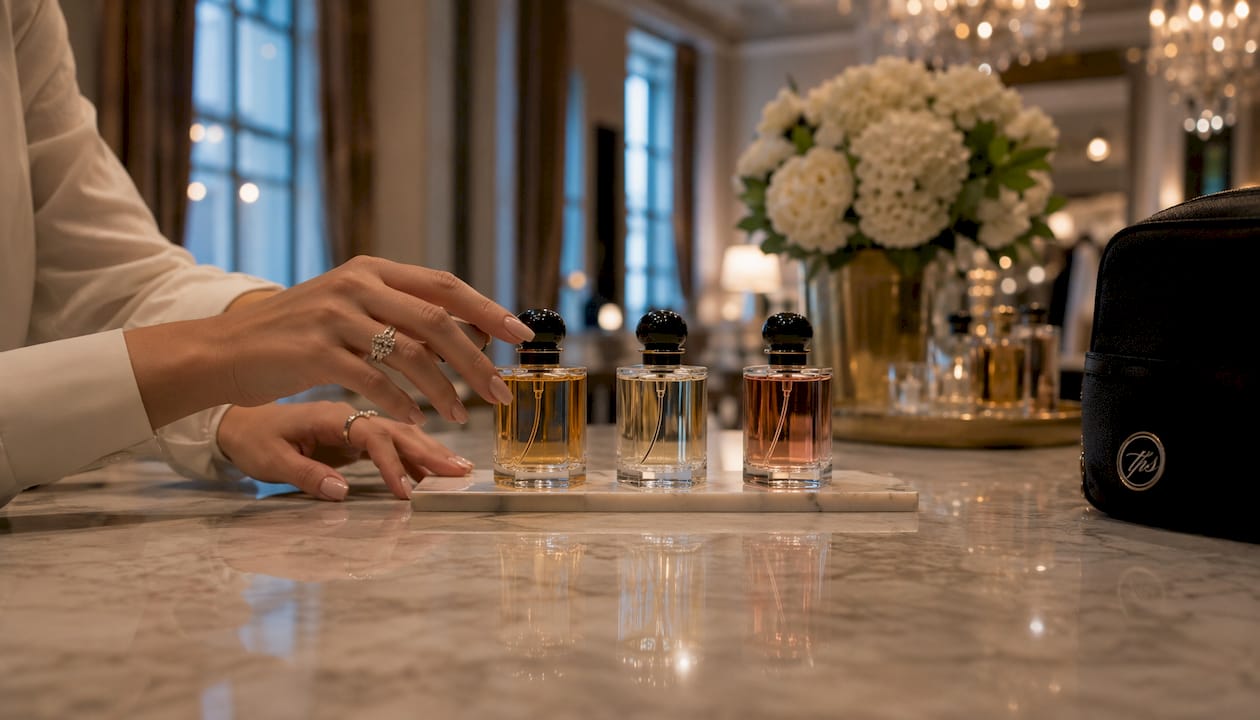 Close-up of fragrance decants and hands on conference table