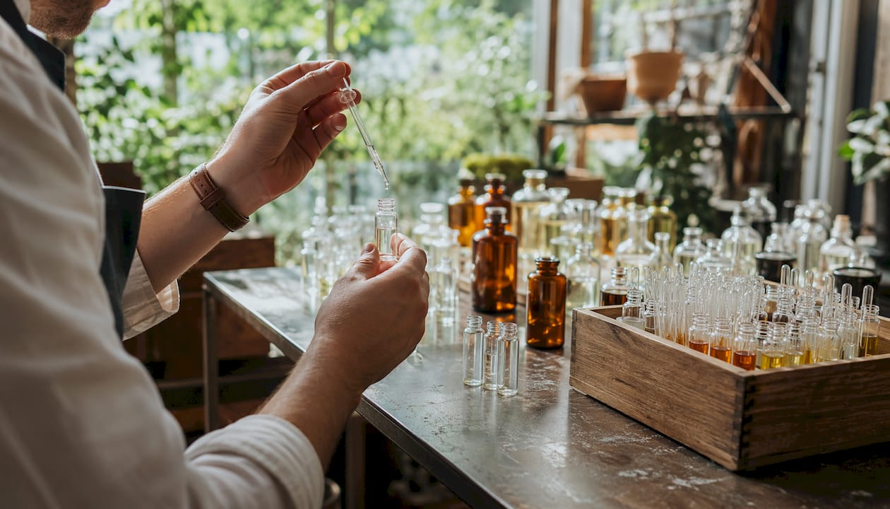 Hands filling fragrance sample vials in workshop