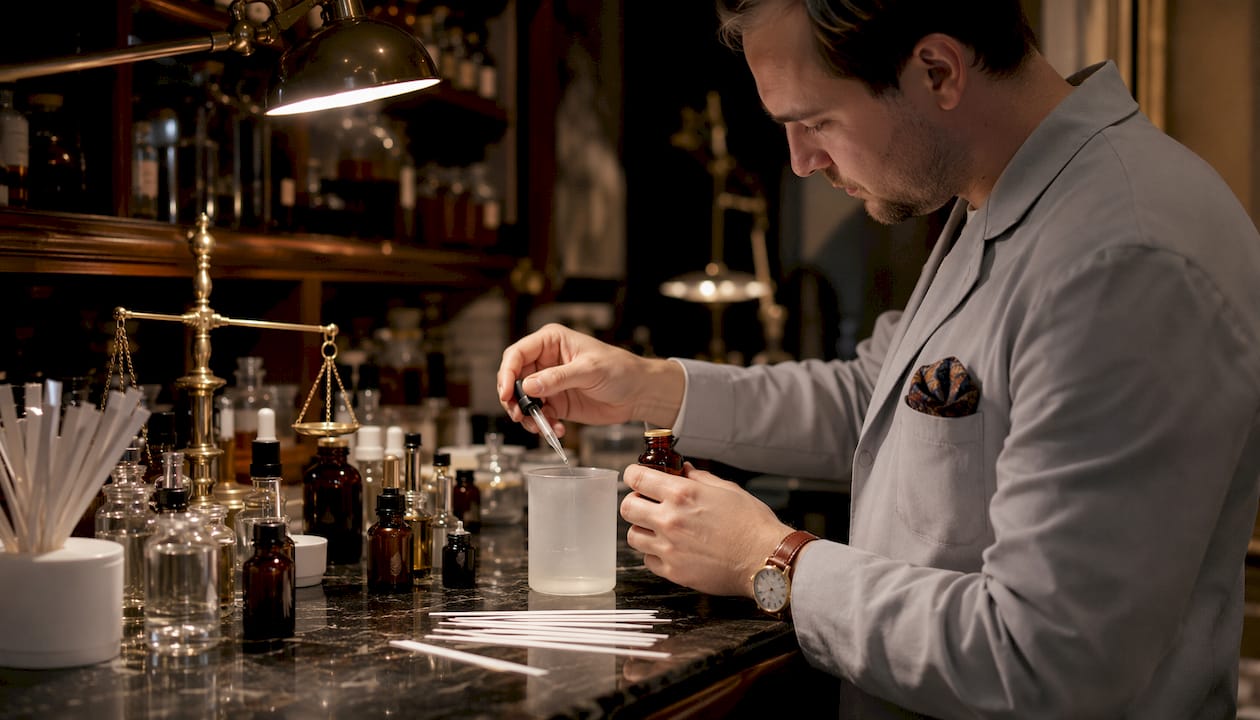 Perfumers hands mixing fragrance oils in lab