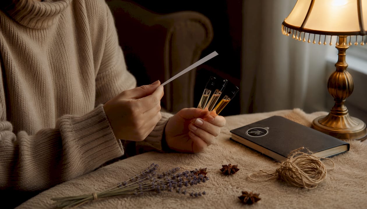 Hands holding seasonal fragrance samples overhead shot