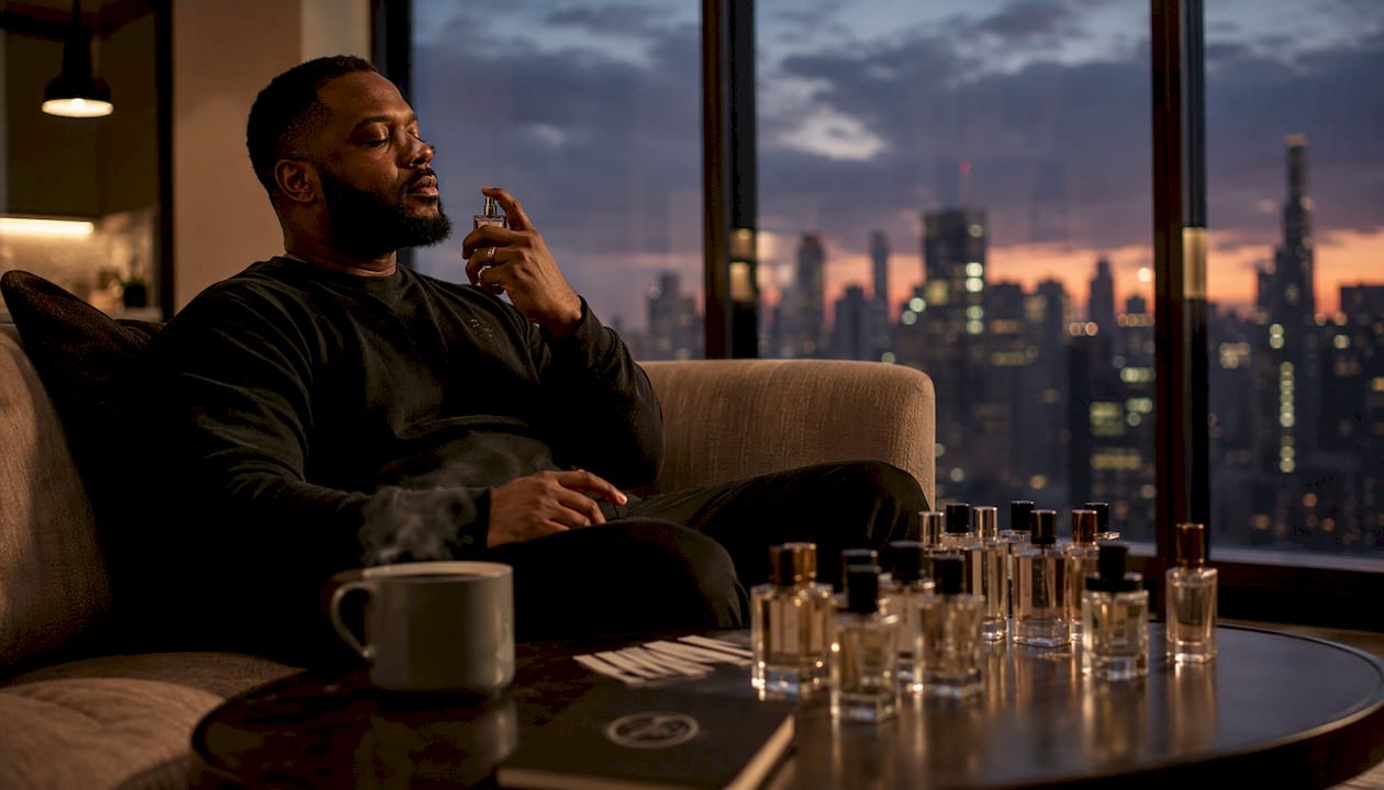 Man relaxing while evaluating scent in library