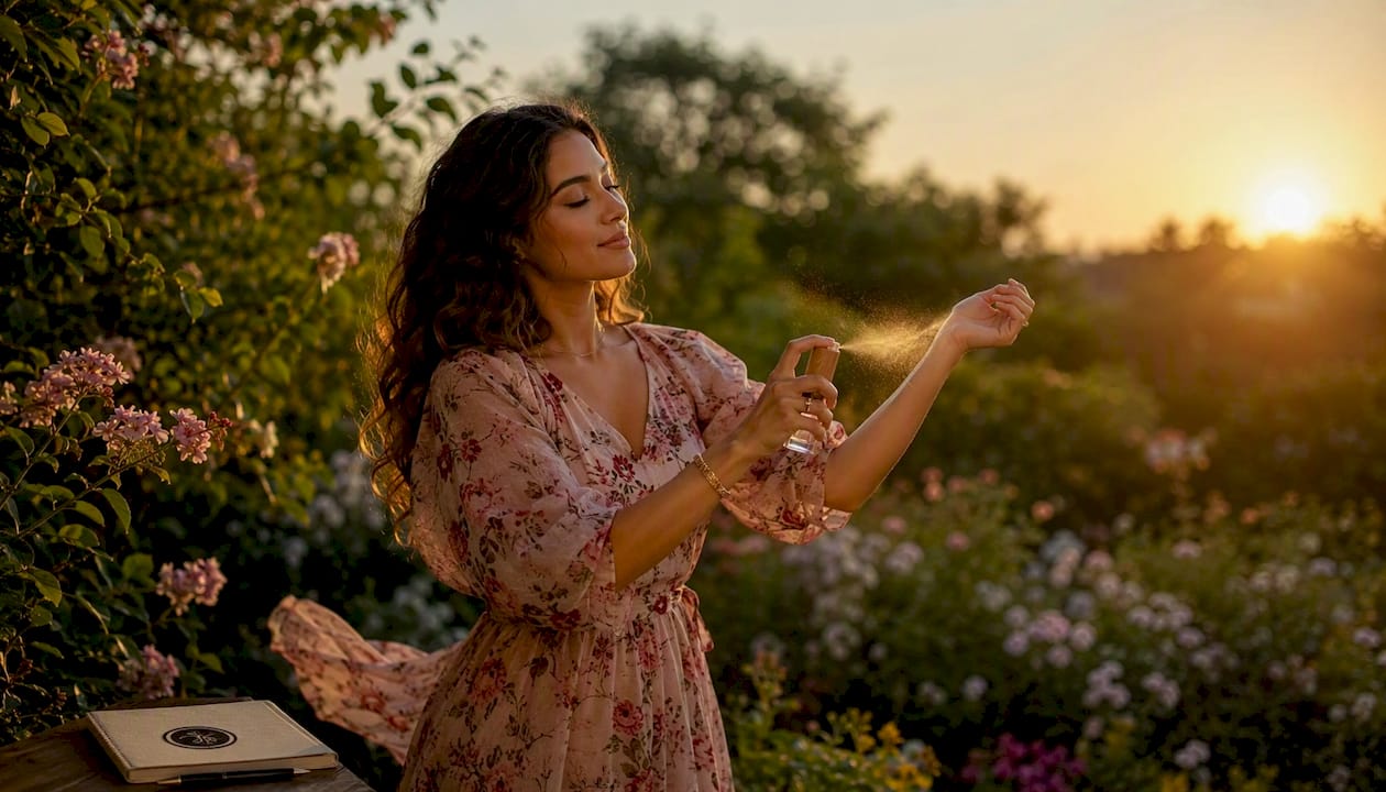 Woman spraying perfume on wrist with floral dress outdoors