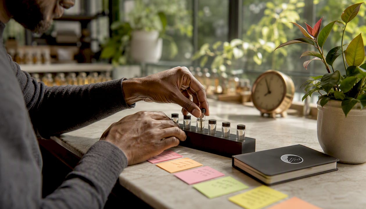 Hands arranging fragrance samples weekly rotation